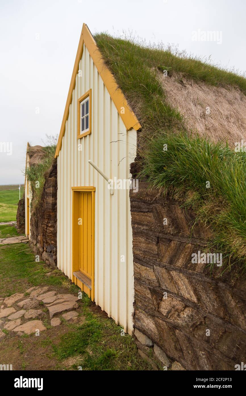 Glaumbaer, Iceland- 25 August 2015: View of the old, turf farmhouse, from the 18th and 19th centuries. Currently museum facilities. Stock Photo