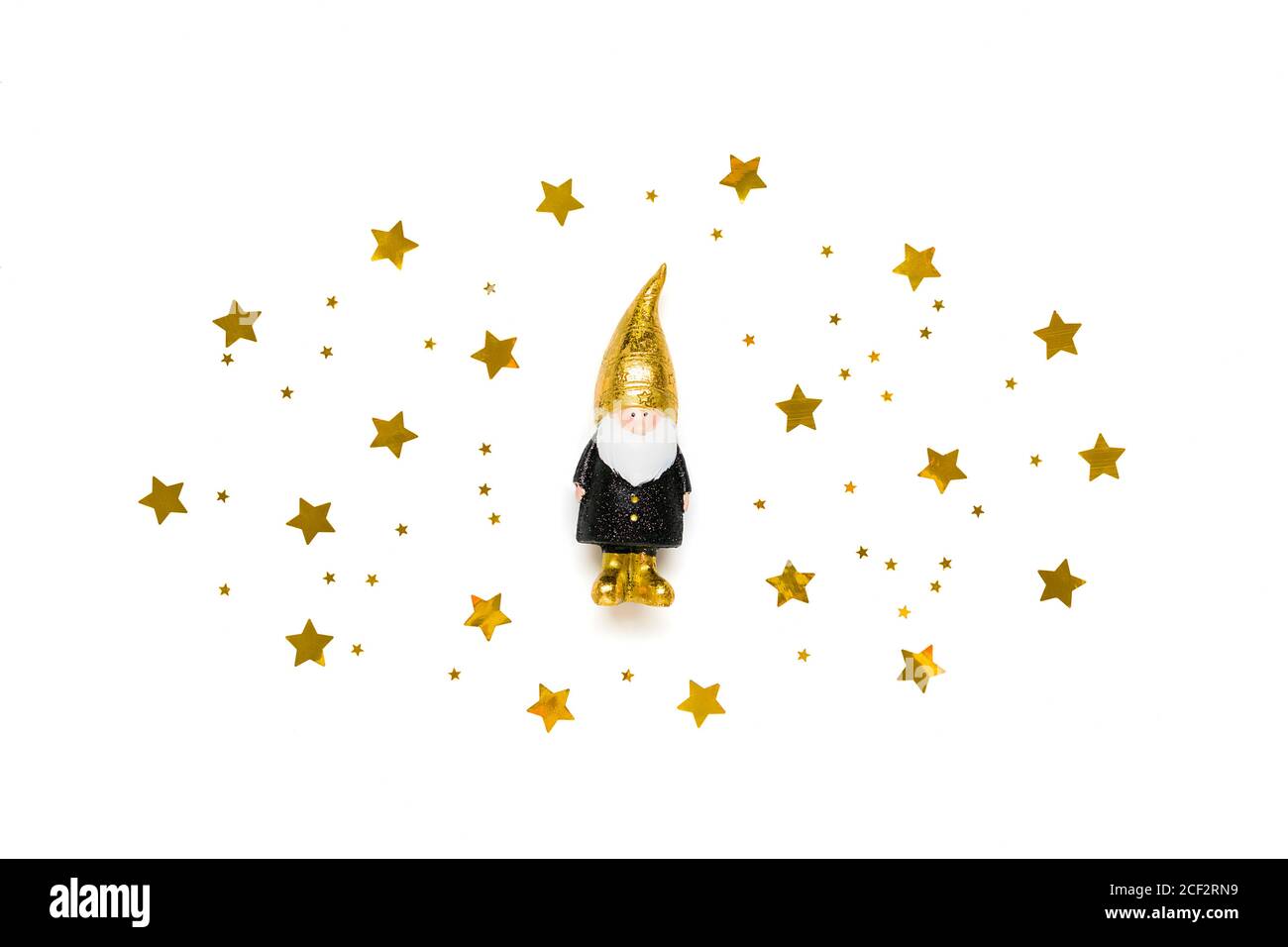 elf, stars decorated with gold sparkle in black, golden color isolated on white background. Happy New Year, Merry Christmas concept Holiday card Flat Stock Photo
