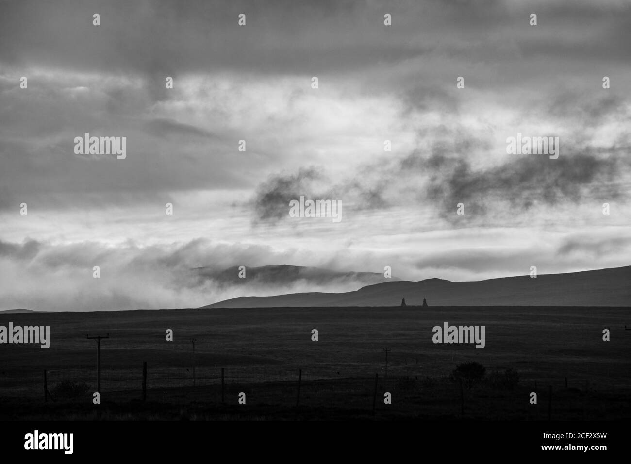mornig mist over fields Islay Scotland Stock Photo