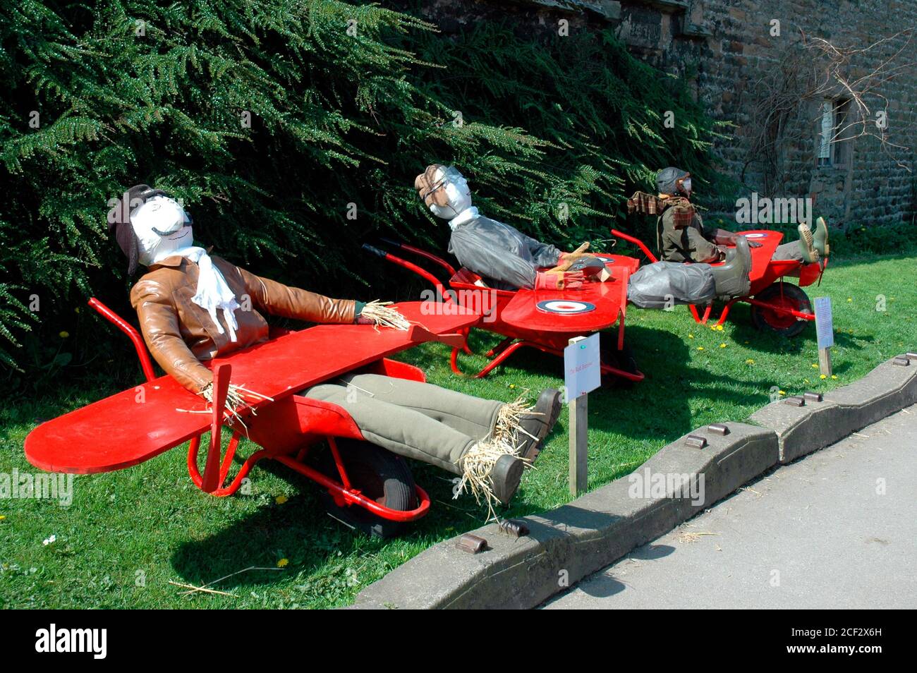 An exhibit at the Scarecrow Festival held annually at the village of Wray, near Lancaster, UK.  One of he Red Barrows display team. Stock Photo