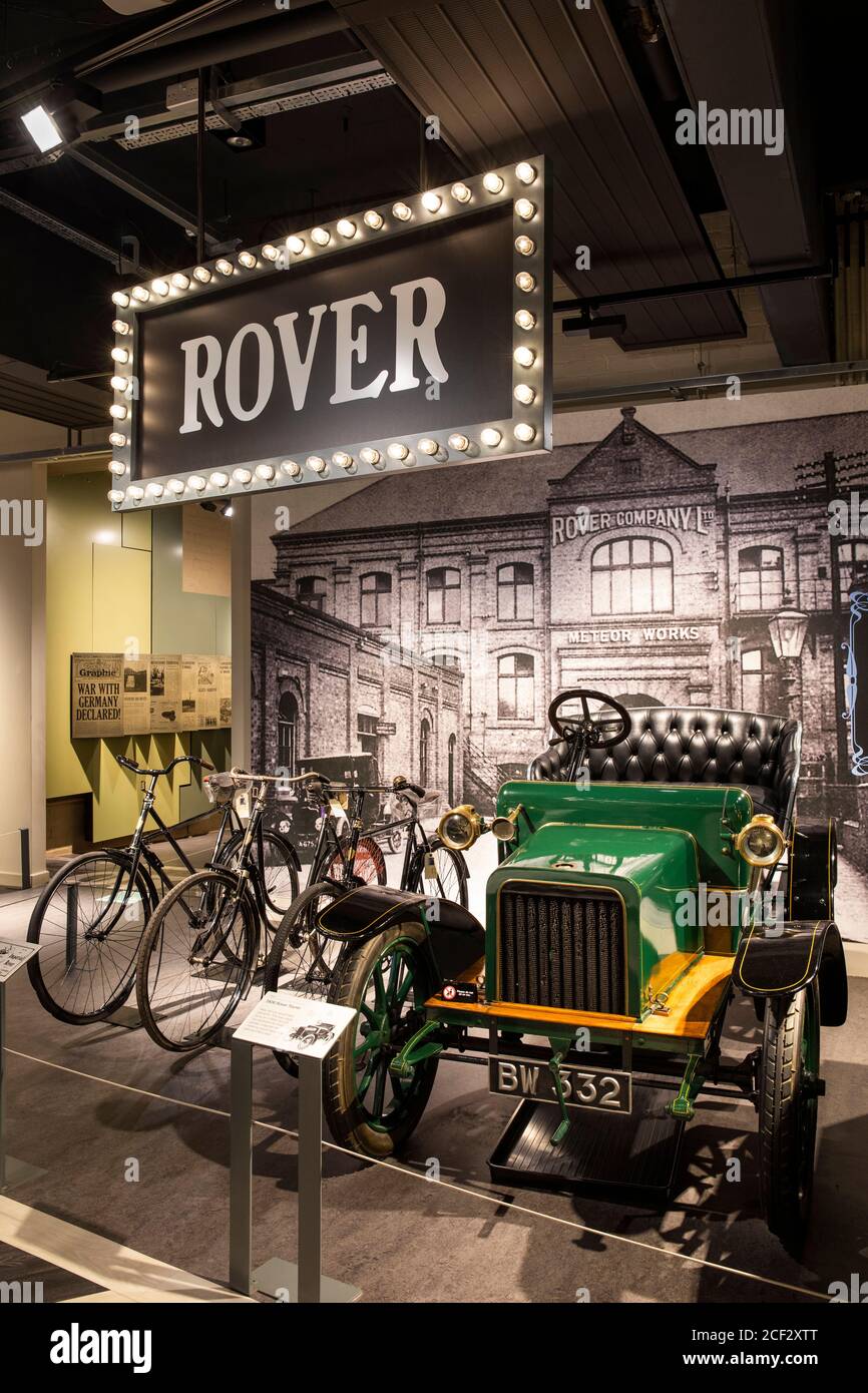 UK, England, Coventry, Transport Museum, Rover Bicycles and 1906 Tourer car display Stock Photo
