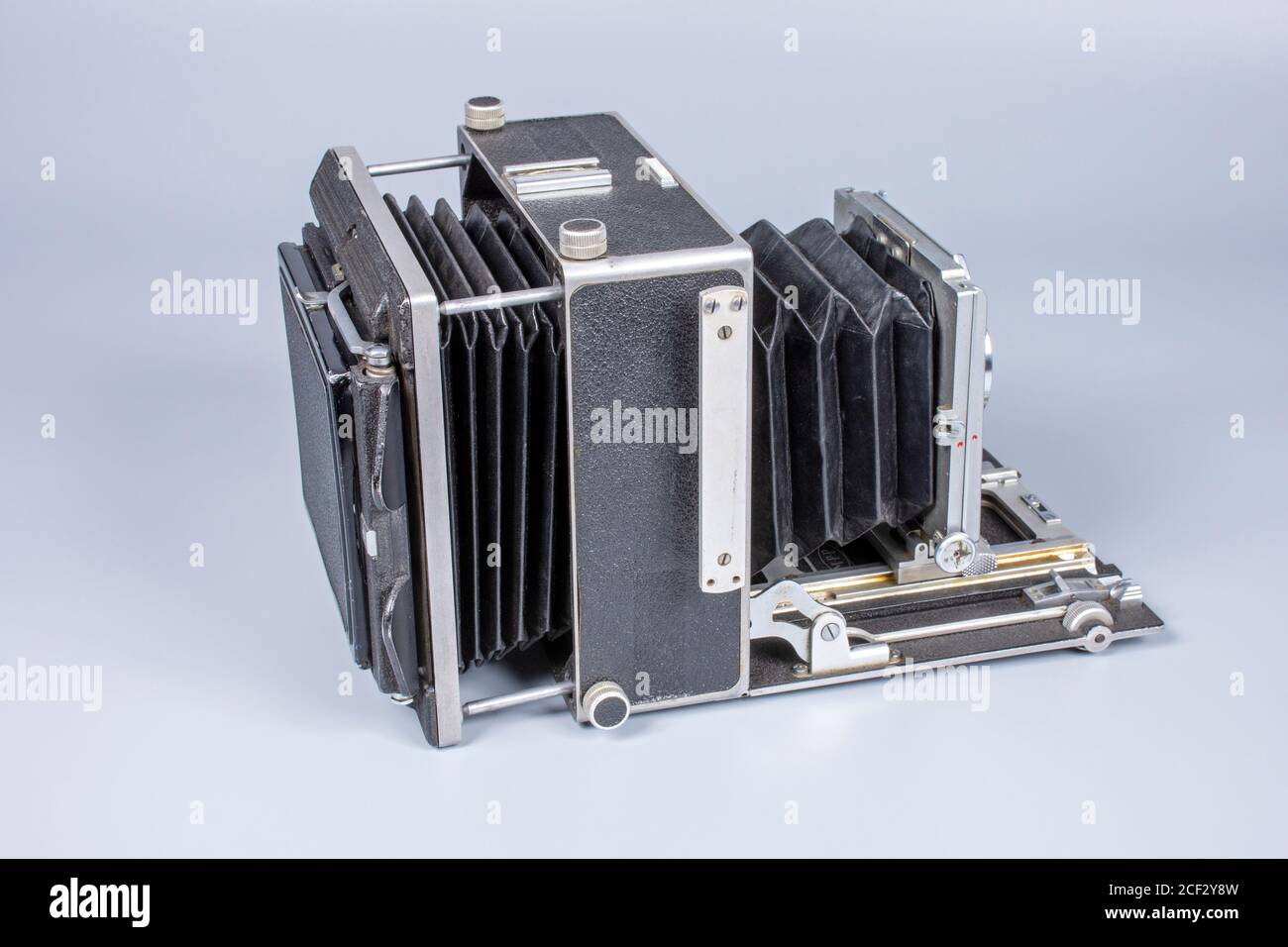 A vintage MPP Micro Technical 5x4 in. field camera.  These were produced in the UK between 1948 and 1963.  Showing extended rear bellows. Stock Photo