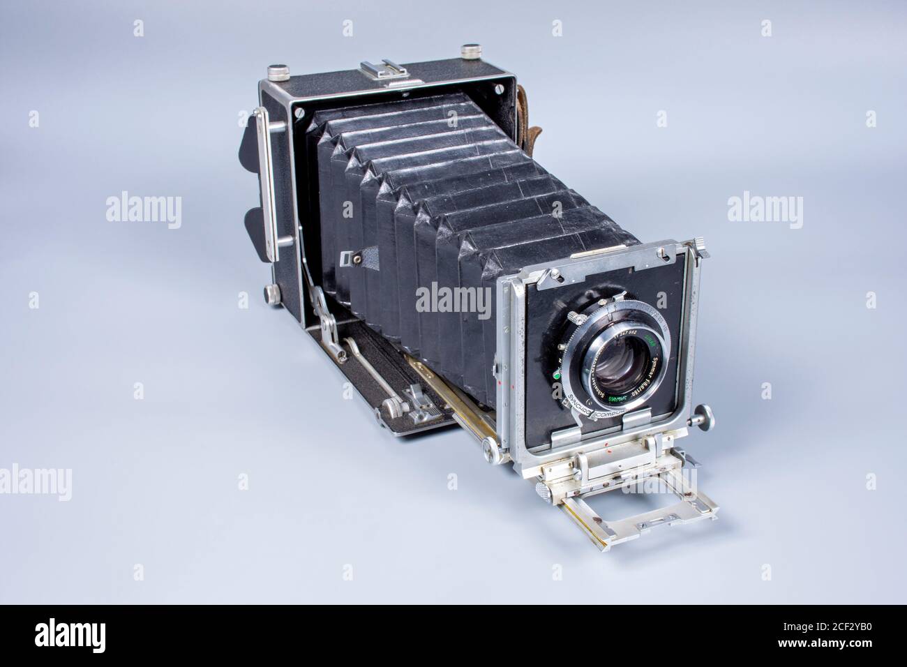 A vintage MPP Micro Technical 5x4 in. field camera with the bellows near full extension. Stock Photo