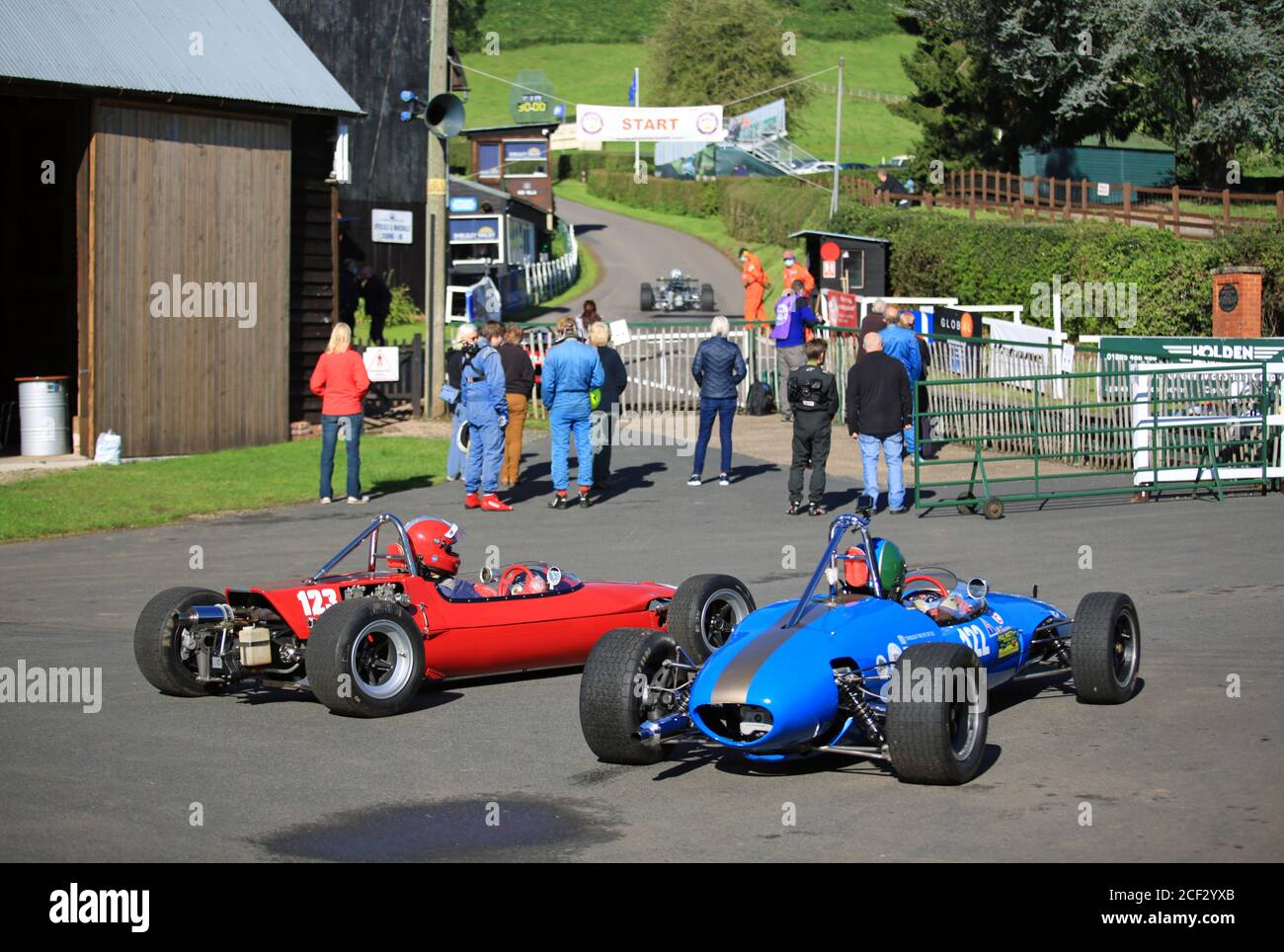 Two classic Lotus racing cars at Shelsley Walsh speed hillclimb, Worcestershire, England, UK. Stock Photo