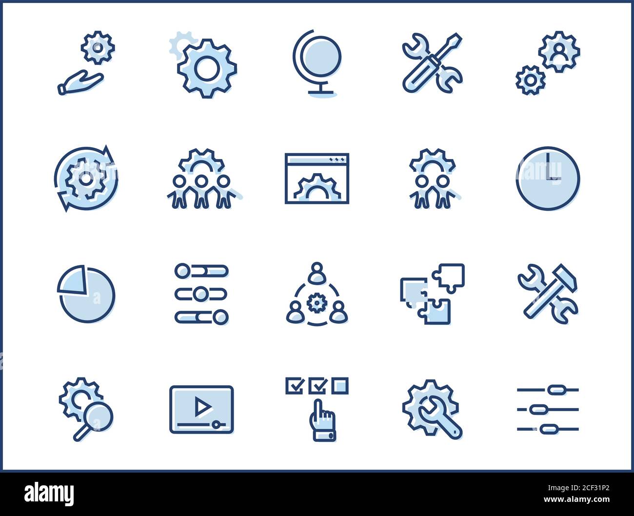 Set of Settings and Setup Vector Line Icons. Contains such Icons as Gear, Setting, Control, Iinstall, Options, Service, and more. Editable Stroke Stock Vector