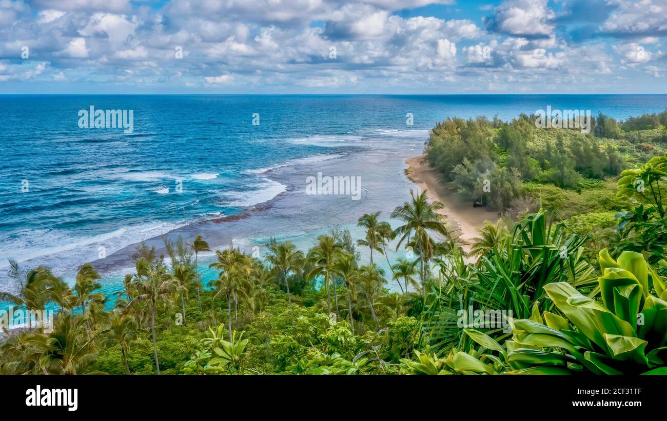 High angle view of a beautiful beach and fringing coral reef on the northwest coast of Kauai, Hawaii. Stock Photo