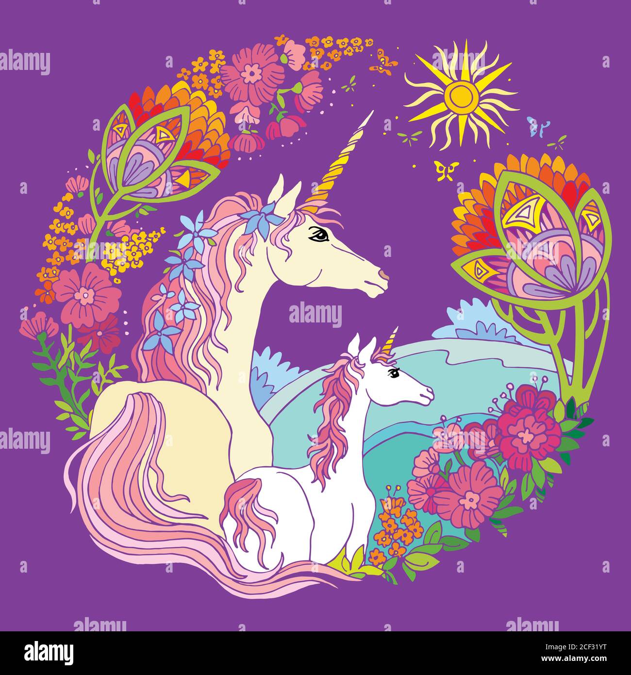 Vector beautiful unicorn and foal with flowers in circle composition. Colorful ornamental illustration isolated on mauve background.For T Shirt, stick Stock Vector