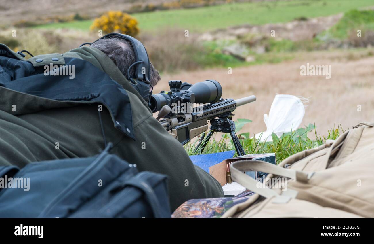 Long range Rifle target shooting at a gun range in rural Ireland Stock Photo