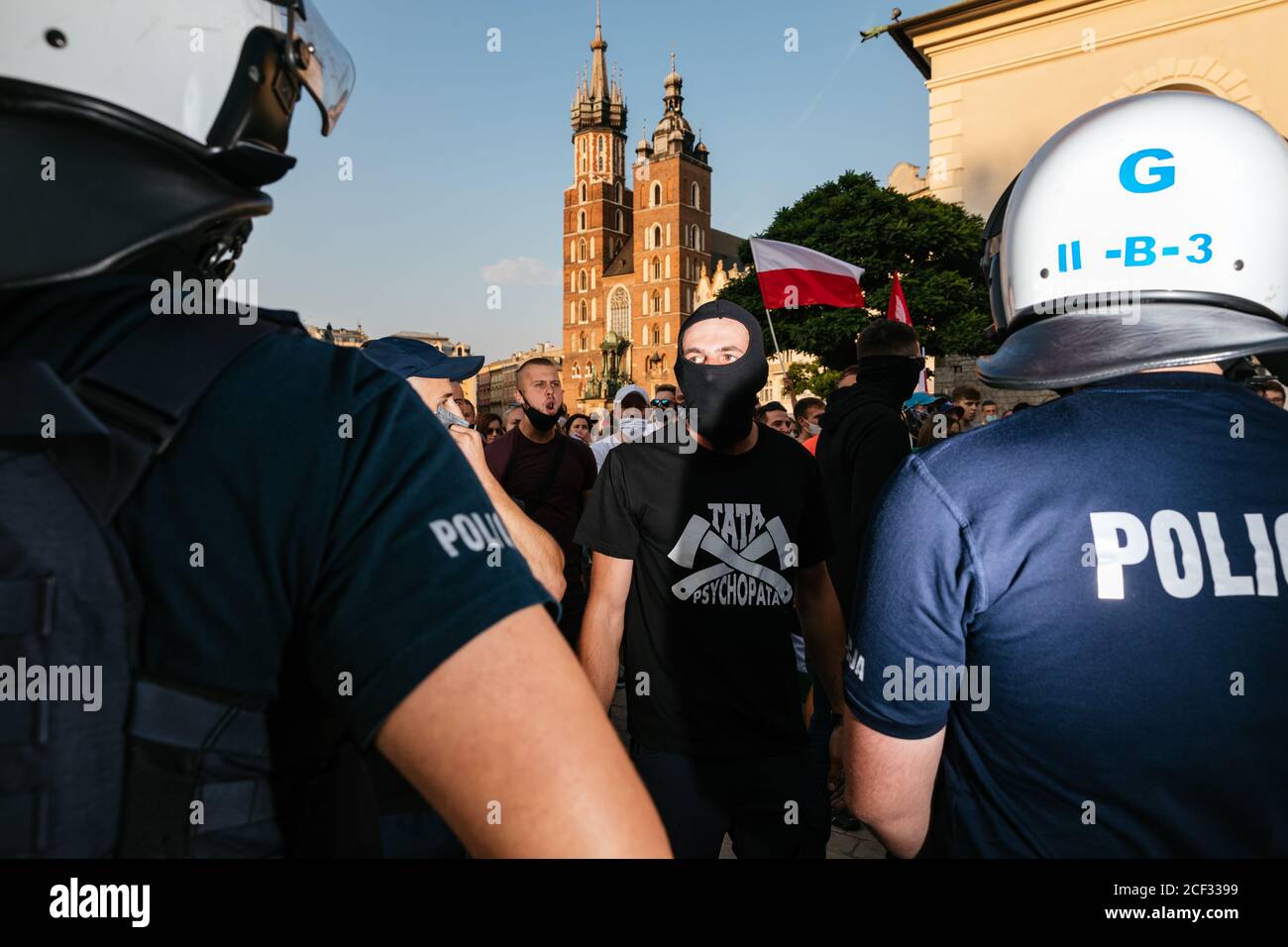 A participant of far right nationalists counterdemonstration wearing t-shirt with an inscription 'psycho dad'.   Annual Equality March also known as ' Stock Photo