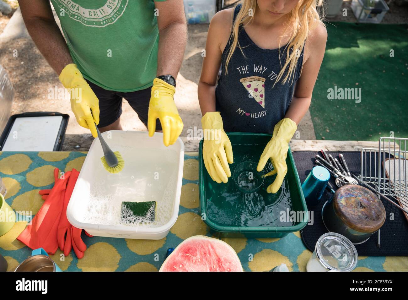 Father and Daughter Washing Dishes at Outdoor Campsite Stock Photo Alamy