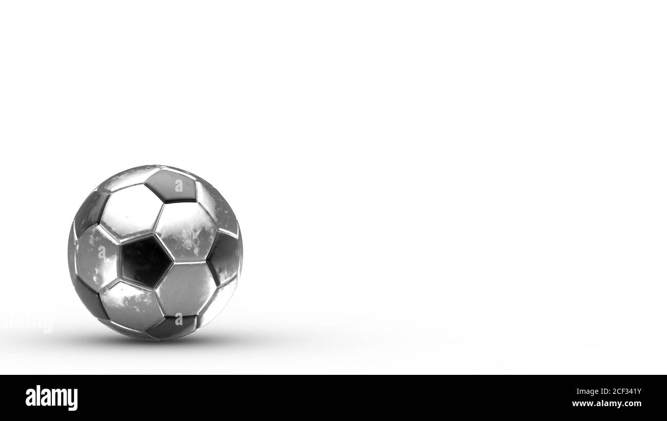 gray soccer metal ball silver isolated on black background. Football 3d