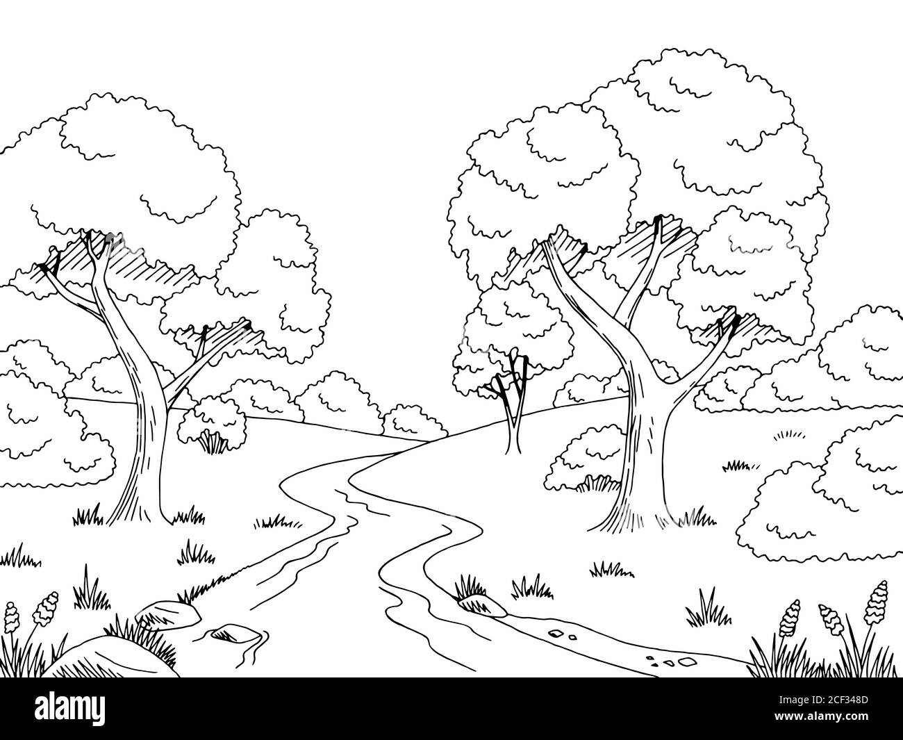 Forest river graphic black white landscape sketch illustration vector