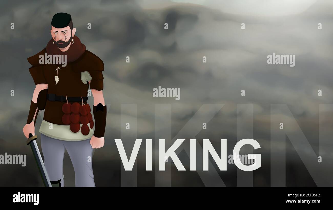 viking-word-text-with-warrior-armed-with-sword-viking-and-leather-armor