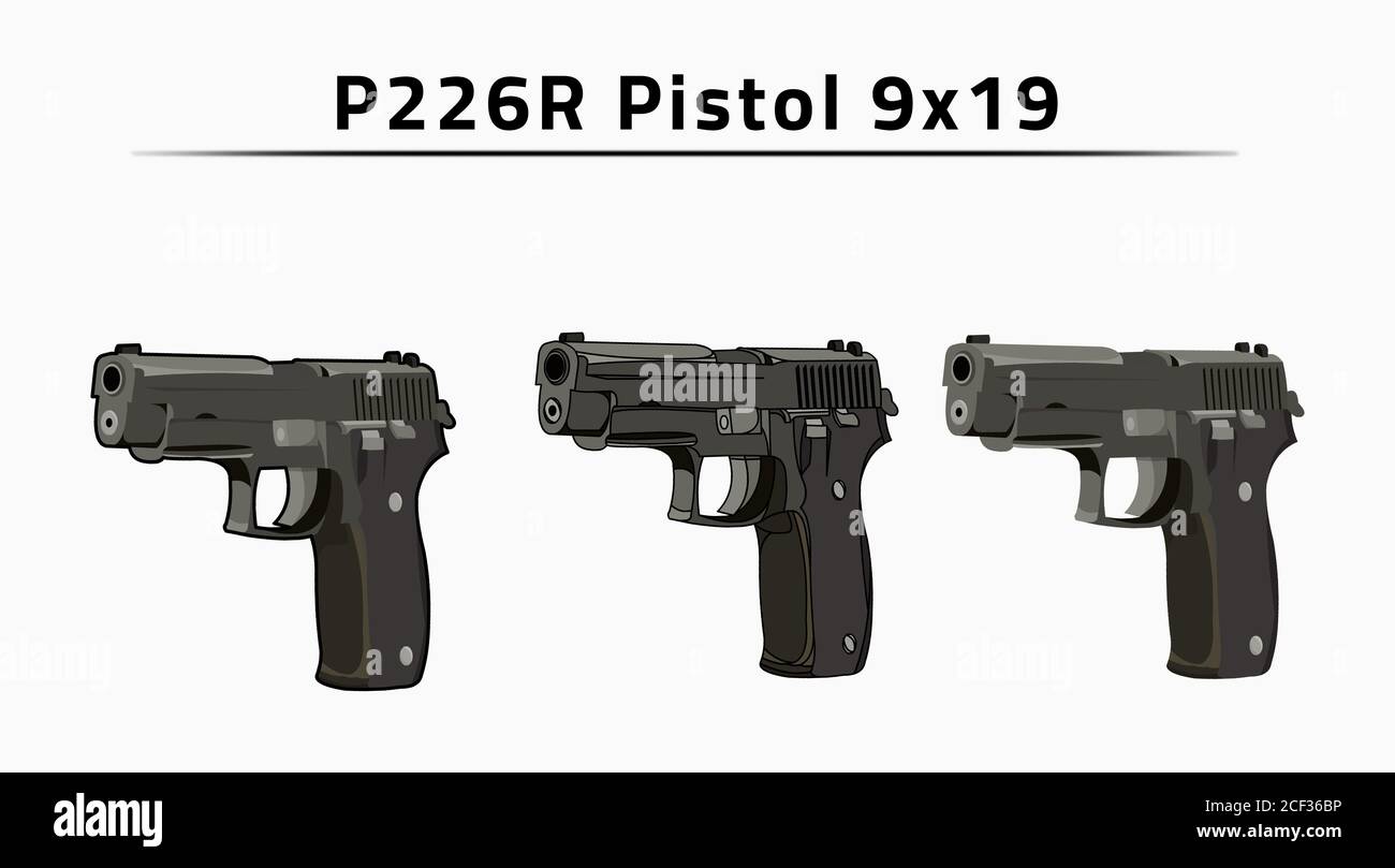 pistol gun black with background light gray, 9x19 mm P226R Pistol 226 army america russia, Illustration 2d, war, combat, marine, soldier Stock Photo