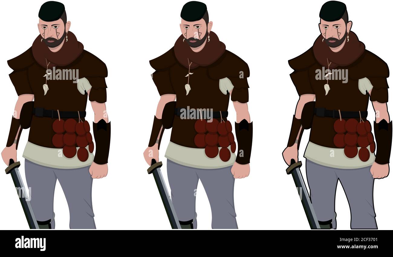 Warrior armed with sword viking and leather armor on a white background. With copyspace for your text. Larp role play. Battle and medieval war. battle Stock Photo