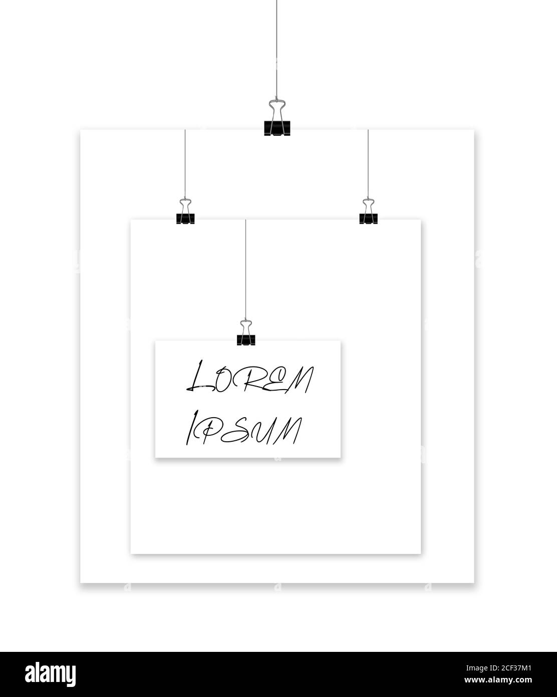 Back steel paper clamps hanging on strings hold white sheets of paper that form a unique frame for copy or art. Lorem Ipsum area available. Stock Photo