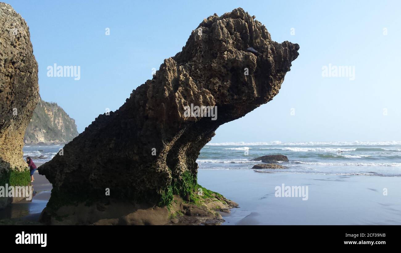 PARANGTRTIS BEACH, YOGYAKARTA, INDONESIA - Sep 30, 2019: Parangtritis beach yogyakarta on Otober 30, 2019:  single rock formation on sand beach  looks Stock Photo