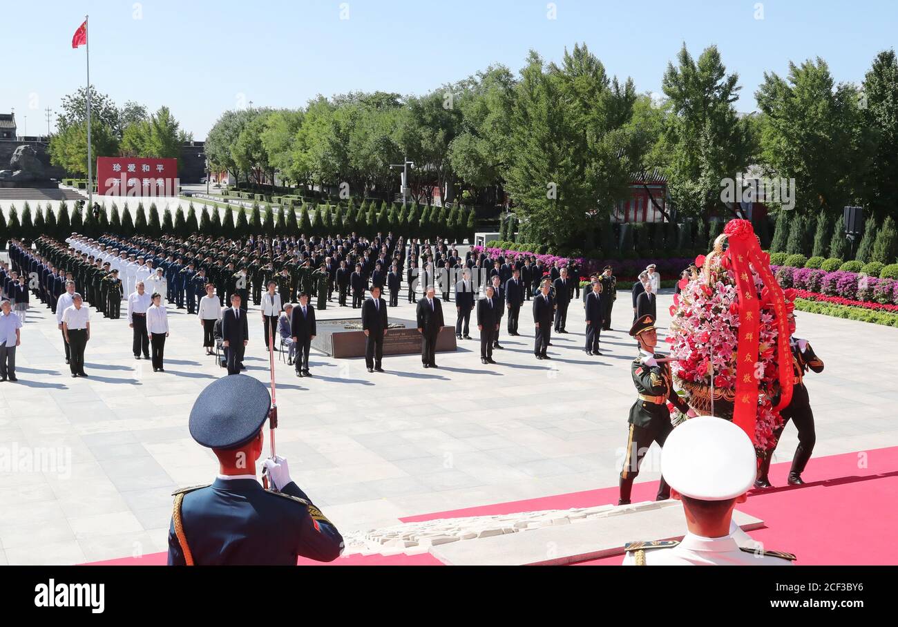 Beijing, China. 3rd Sep, 2020. Chinese leaders led by Xi Jinping attend a commemoration for the 75th anniversary of the victory of the Chinese People's War of Resistance Against Japanese Aggression and the World Anti-Fascist War in Beijing, capital of China, Sept. 3, 2020. The other leaders included Li Keqiang, Li Zhanshu, Wang Yang, Wang Huning, Zhao Leji, Han Zheng and Wang Qishan. The event was held at the Museum of the War of Chinese People's Resistance Against Japanese Aggression. Credit: Ding Lin/Xinhua/Alamy Live News Stock Photo