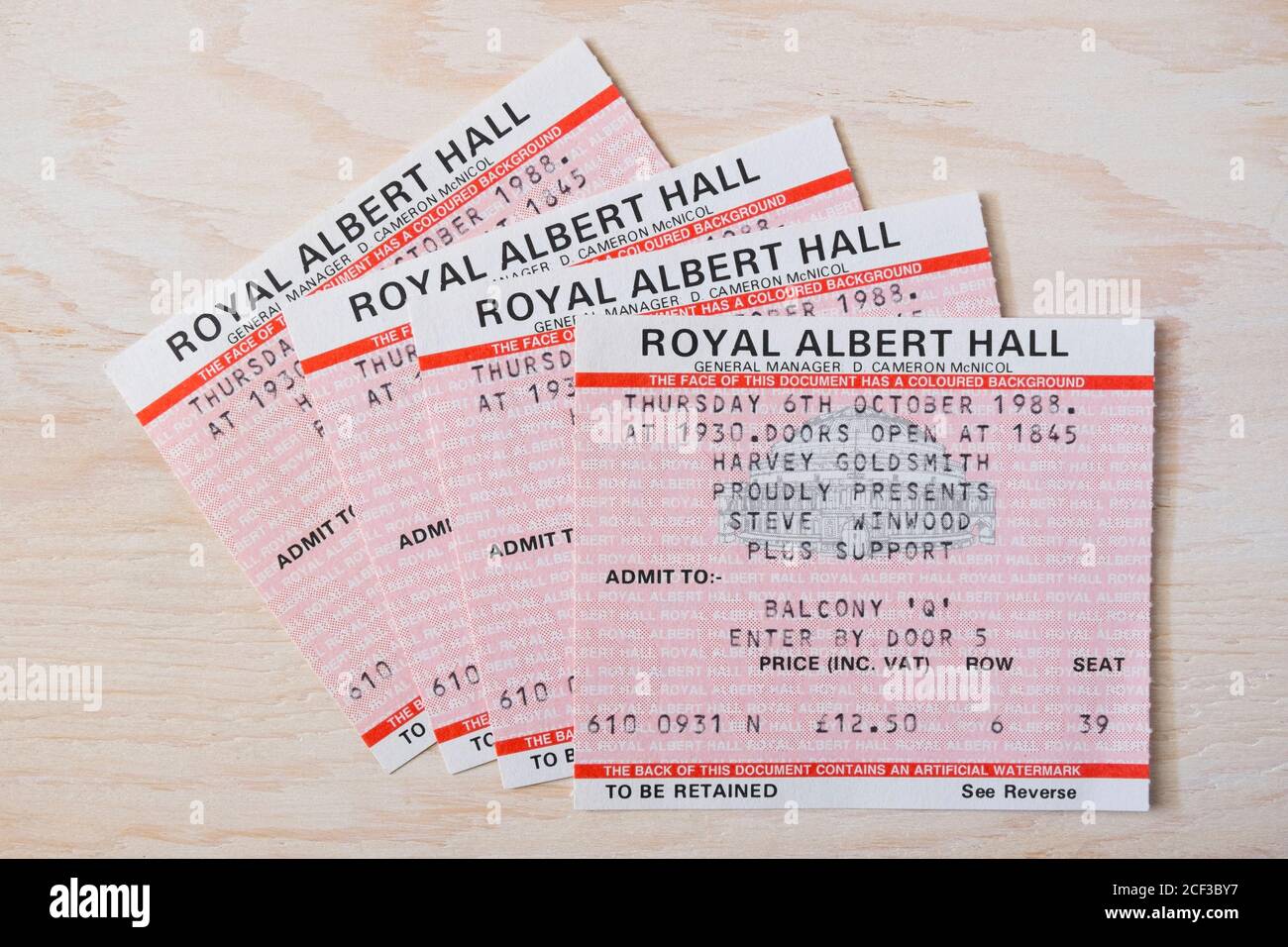 Concert ticket stubs for Steve Winwood in Balcony Q, Thursday 6th October 1988 at the Royal Albert Hall in London, UK Stock Photo