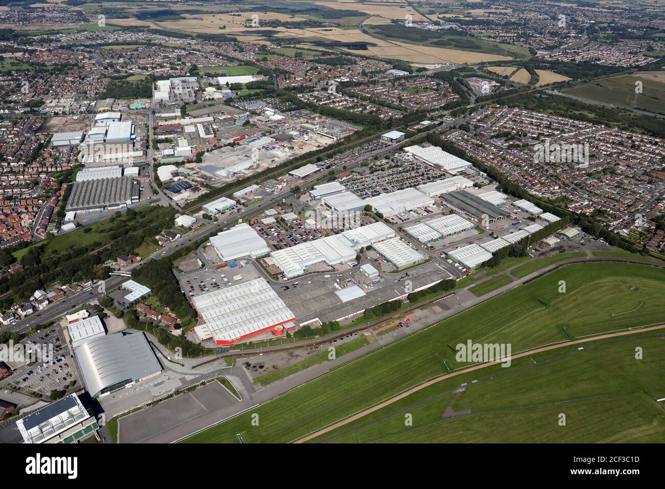 aerial view of Aintree Racecourse Retail & Business Park, Stock Photo