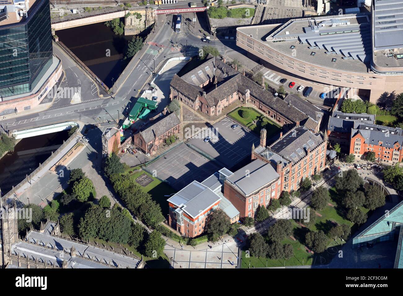 aerial view of Chetham's School of Music & Chetham's Library near Manchester Cathedral in the heart of Manchester city centre Stock Photo