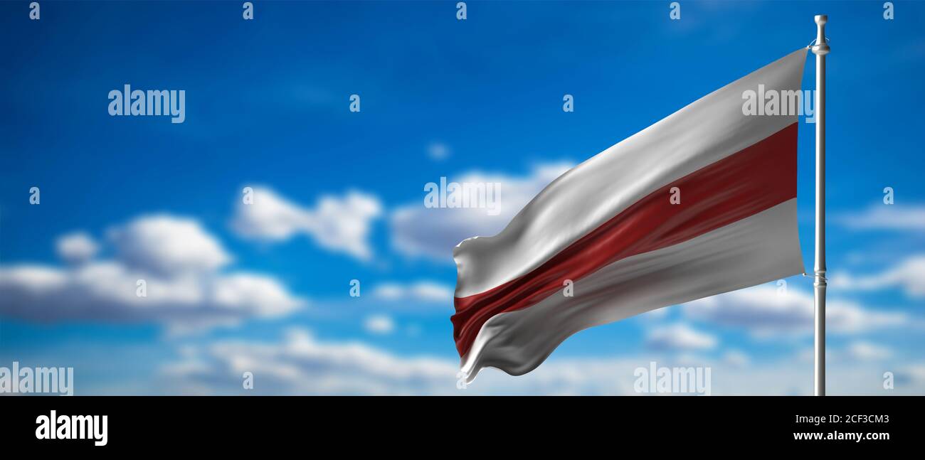 Belarus protest flag waving opposite on a flagpole against blue sky background. White red white color, symbol of opposition to presidential elections. Stock Photo