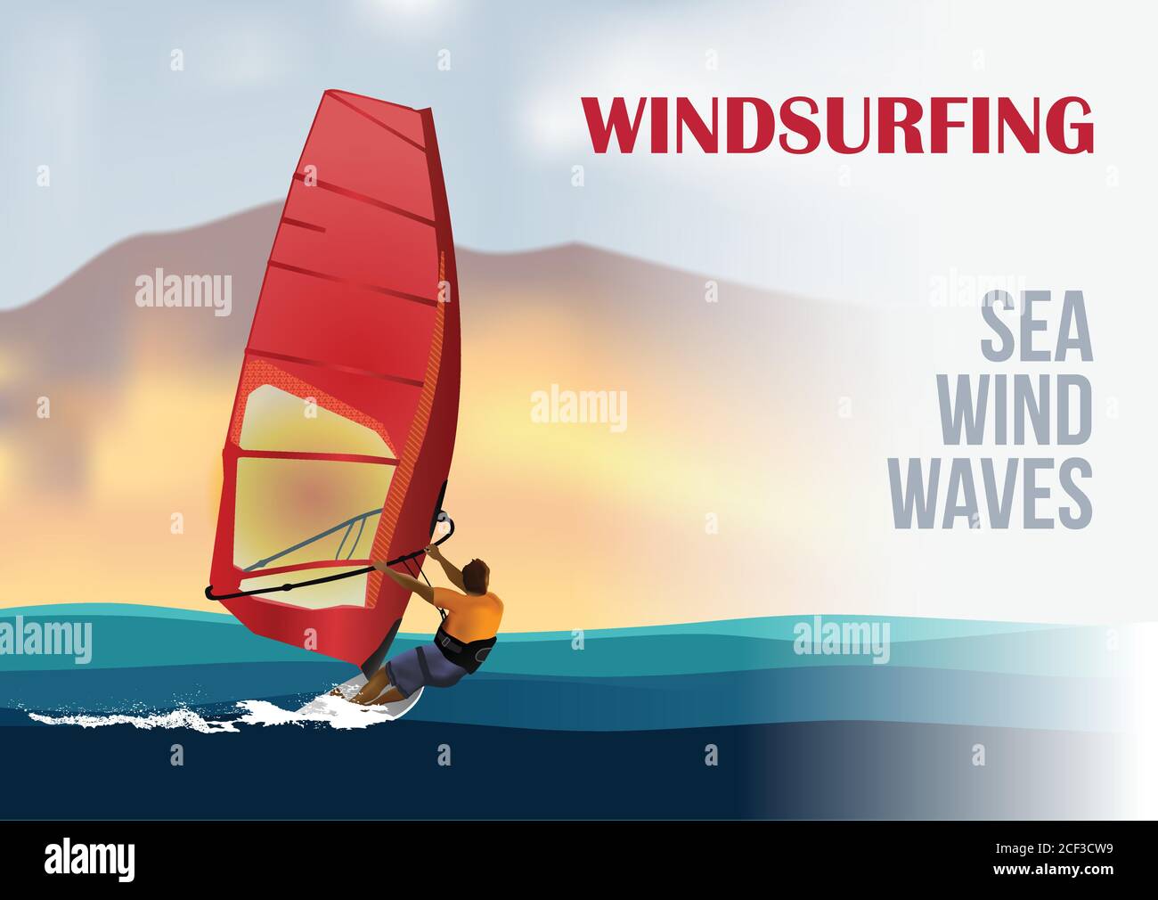 Windsurfer is riding the waves during a sunset scene with the red sail in the blue sea water. Vector illustration Stock Vector