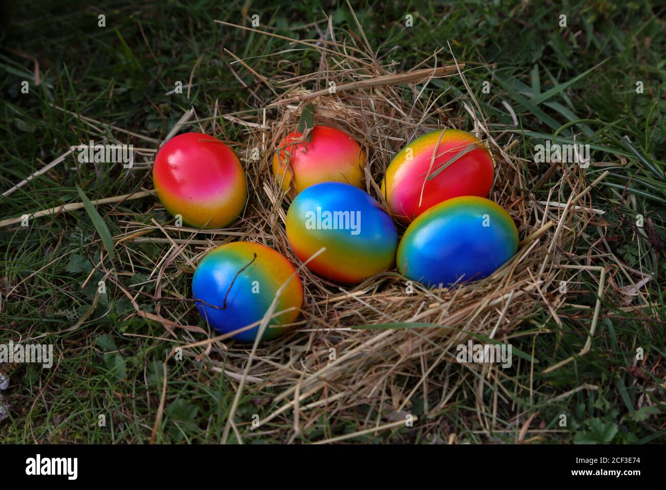 Easter traditions. Compositions with painted Easter eggs Stock Photo
