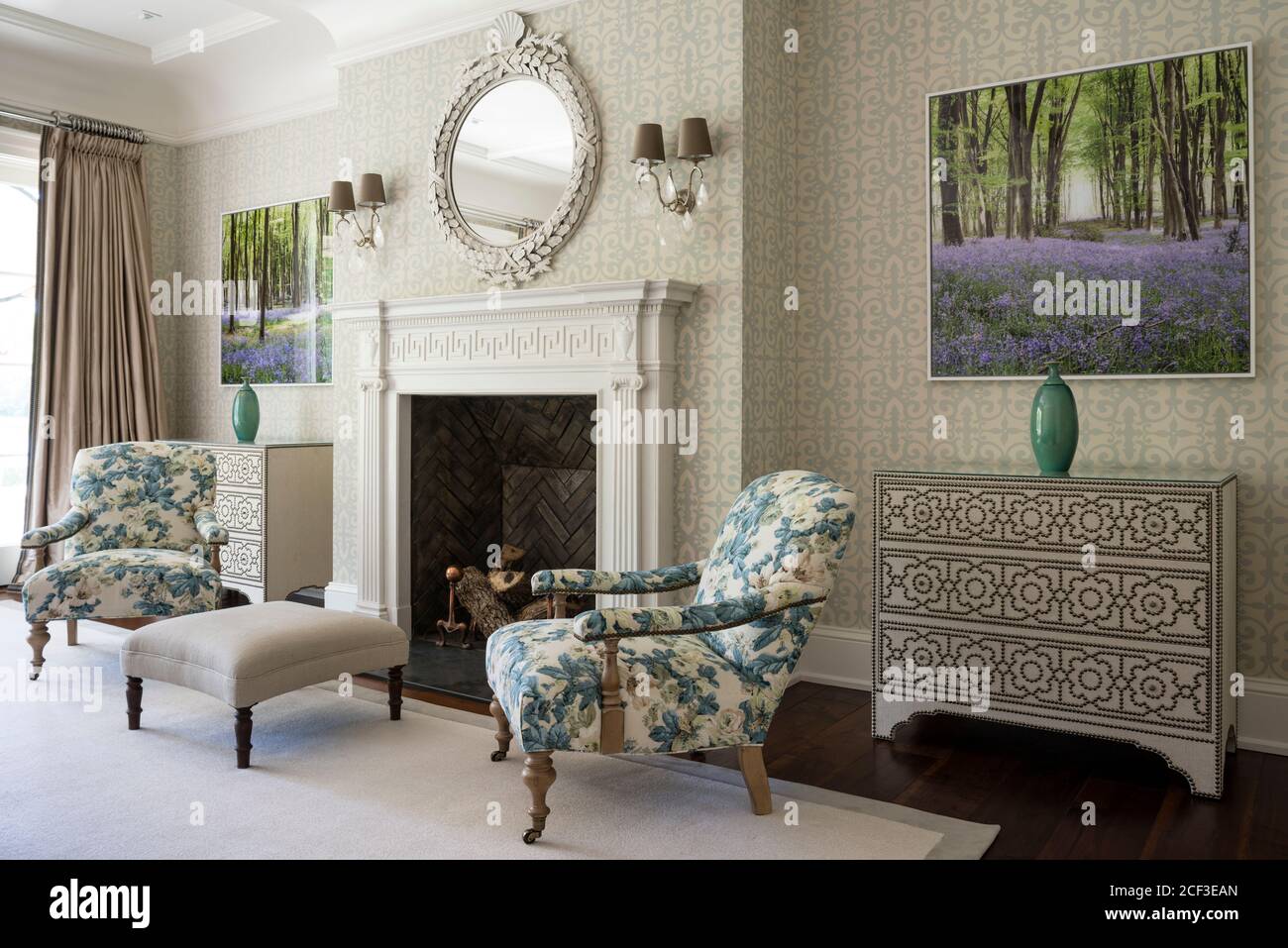 Floral wallpaper matching curtains in hires stock photography and