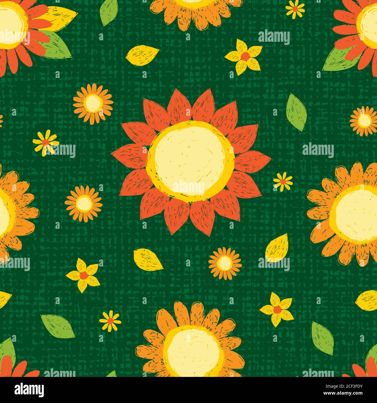 Vector colorful textured sunflowers and daisy pen sketch repeat pattern with green canvas background. Suitable for textile, gift wrap and wallpaper. Stock Vector