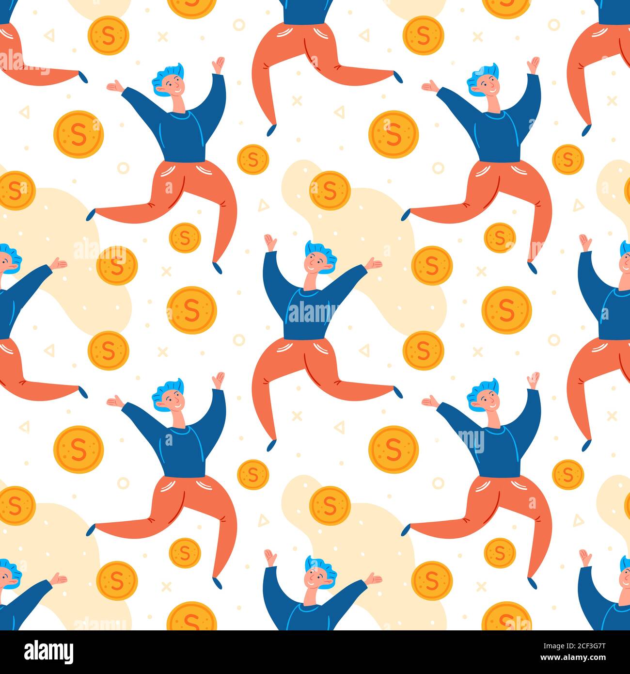Man player jumping with coins. Winner. Positive happy mood, energy. Flying money. Computer game, gambling, stream, blog, vlog.  Flat hand drawn vector Stock Vector