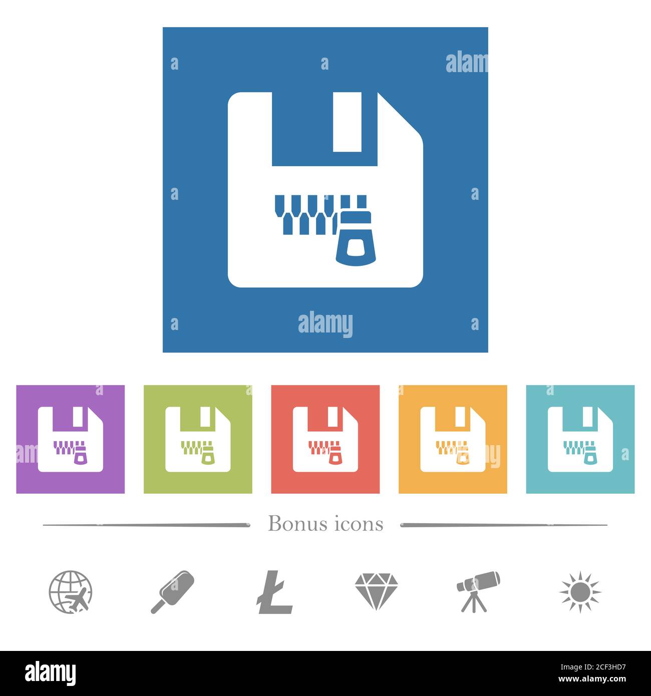 Zipped file flat white icons in square backgrounds. 6 bonus icons ...