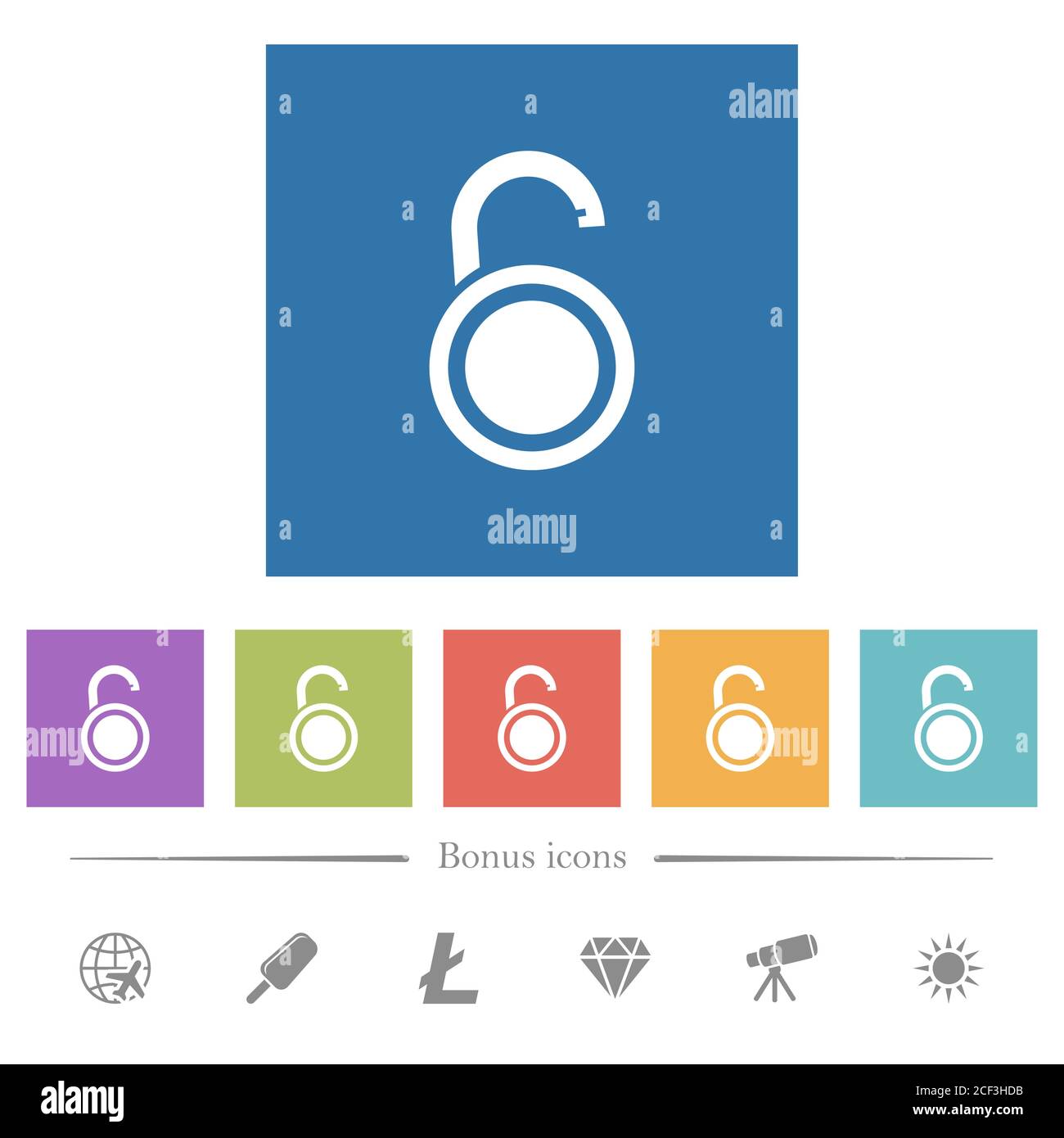 Unlocked round padlock flat white icons in square backgrounds. 6 bonus ...