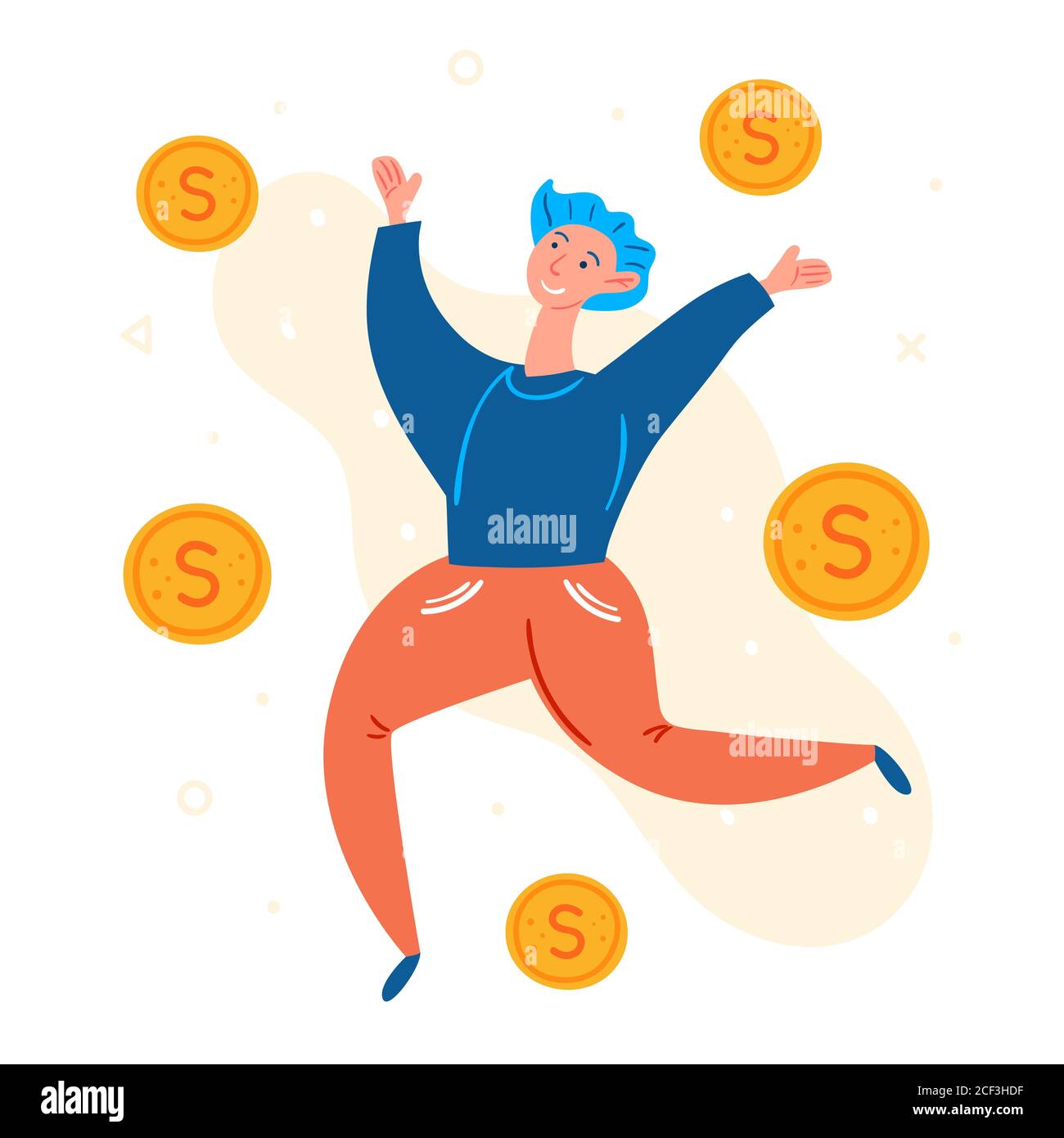 Young man with jumping. Golden dollar coins flying. Positive mood, smiling. Lucky person, winner, player. Gambling, cash, casino. Modern style. Flat h Stock Vector