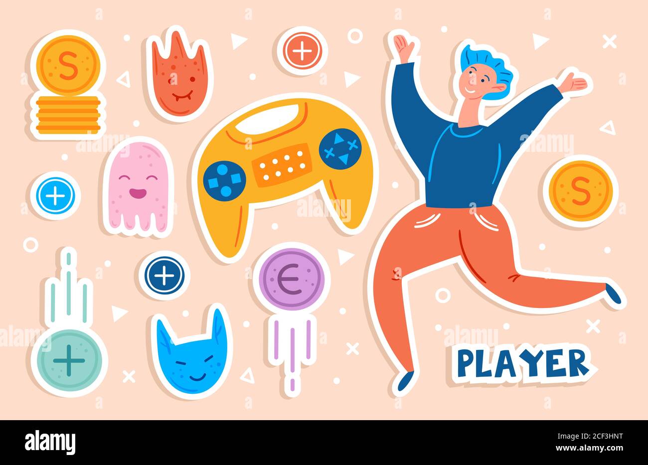 Video game characters. Man player jumping with joystick. Positive mood. Emoji with different faces. Flying coins. Computer game, stream, blog. Flat ha Stock Vector