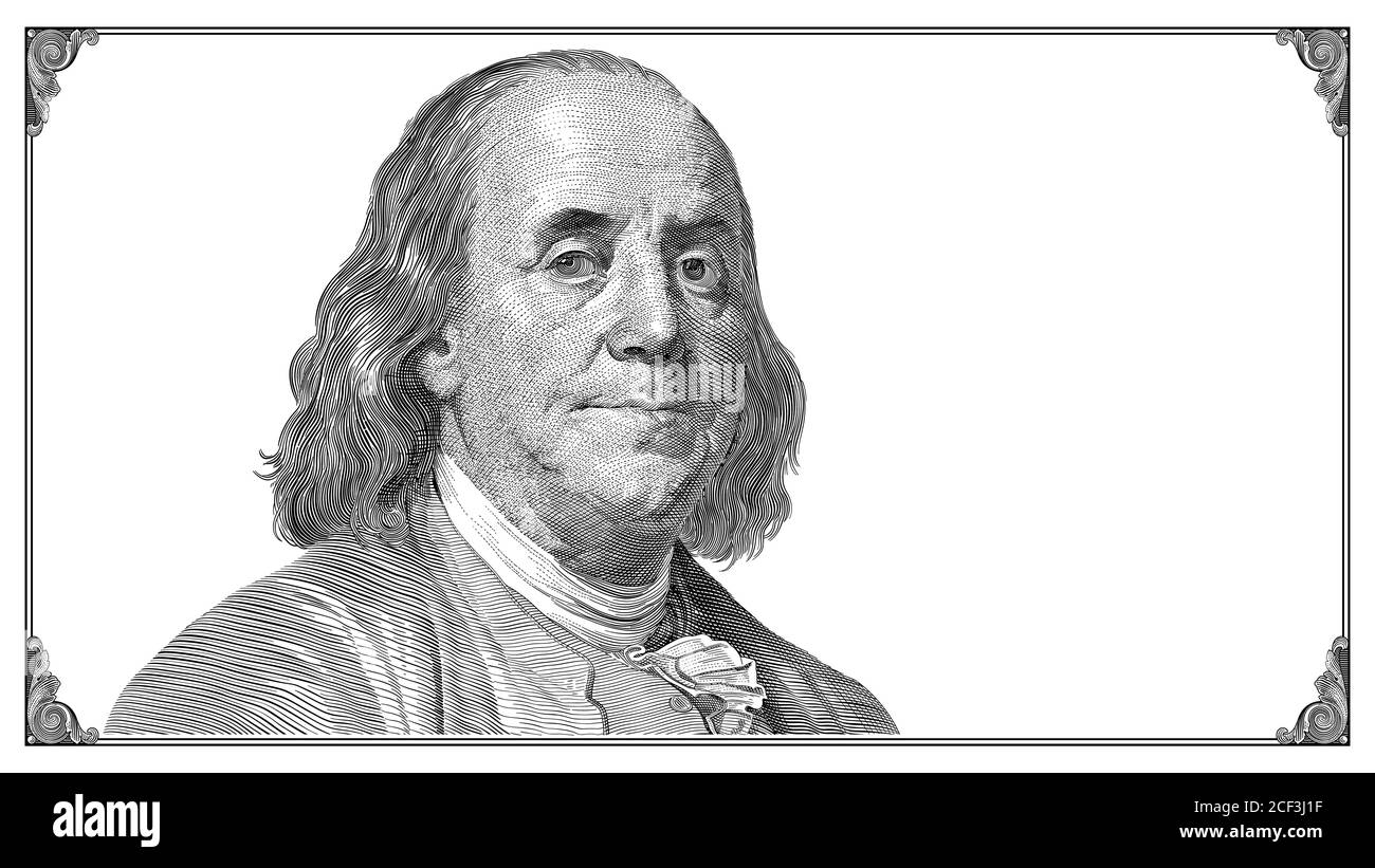 Benjamin Franklin portrait with frame on white background. Vector drawing. Stock Vector