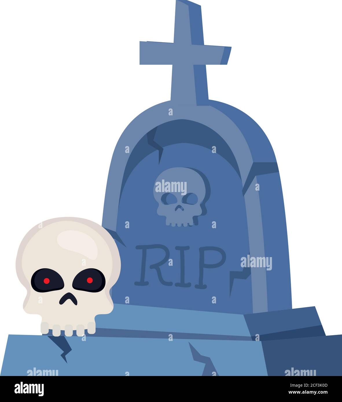 halloween tombstone with cross and skull on white background Stock Vector