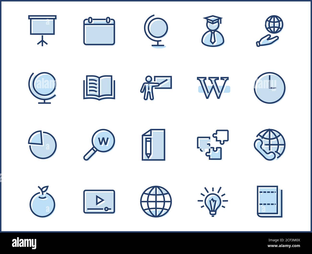 Wikipedia's birthday Set Line Vector Icon. Contains such Icons as Wikipedia, Open Book, Teacher, Blackboard, Pointer, Web Globe, Directory, Search, La Stock Vector