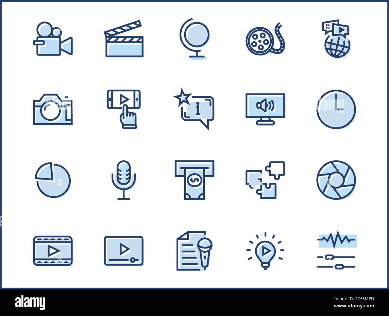 International Film Day Set Line Vector Icons. Contains such Icons as Clapperboard, Camera, Video, Play, Film, Lens, Microphone, Media settings and mor Stock Vector
