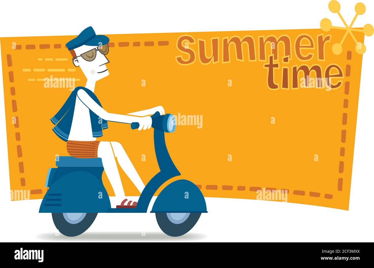 Retro style illustration of a man in swimsuit going to the beach on a motorcycle. It’s summer time. Stock Vector