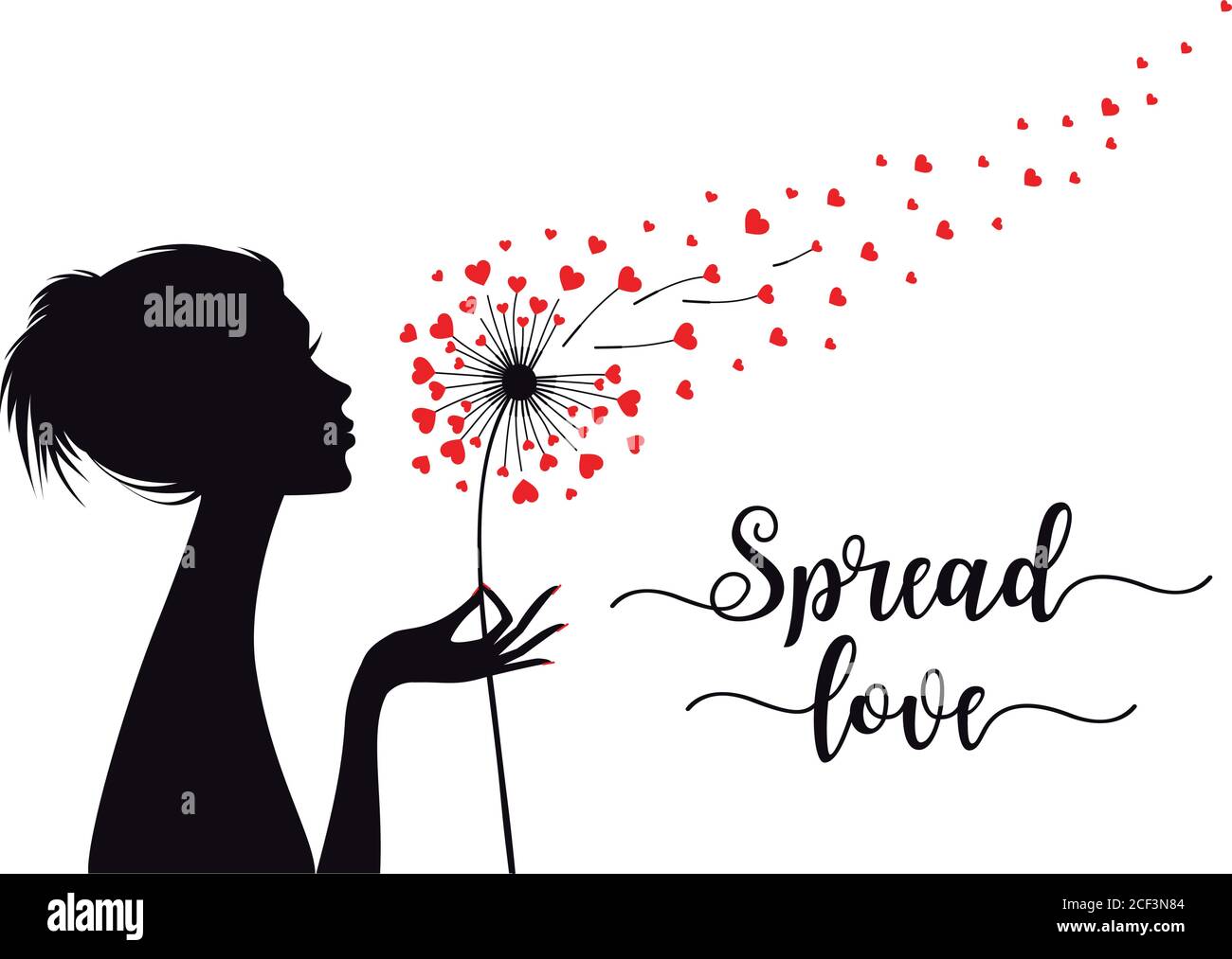 Spread love, woman holding dandelion flower with flying hearts, vector illustration for cards