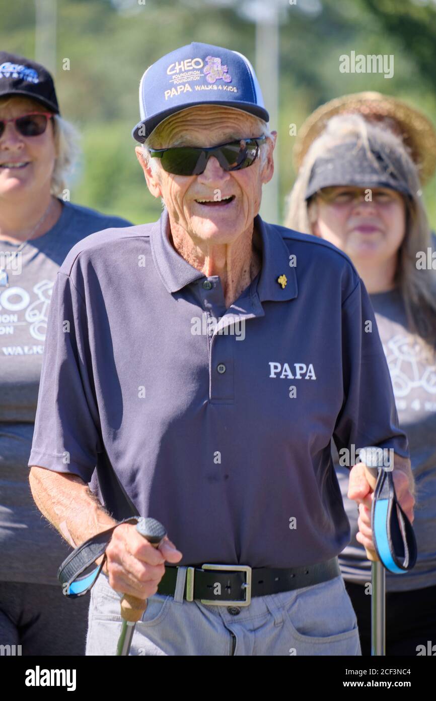 Ottawa, Canada. September 3rd, 2020. Russell Mackay, Papa to many, on last day of is 125m walk over 10 days from his hometown of Beachburg in the Ottawa Valley to the Children's Hospital of Eastern Ontario (CHEO) in Ottawa. Initially setting a goal of raising $25,000 for the CHEO Foundation, he eclipsed this amount on day one, and is now approaching $100,000 in donation. Mr.Mackay is 82 years old, legally blind and diabetic. When asked what he would be doing tomorrow he said, “Walk my daily 6 miles around Beachburg like everyday”. Credit: meanderingemu/Alamy Live News Stock Photo