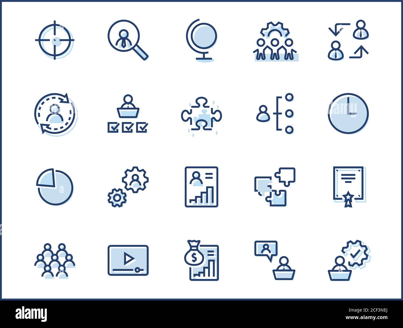 Set of People Management Related Vector Line Icons. Contains such Icons as Target, Puzzle, Certificate, Personal data processing, Task Manager, Qualif Stock Vector