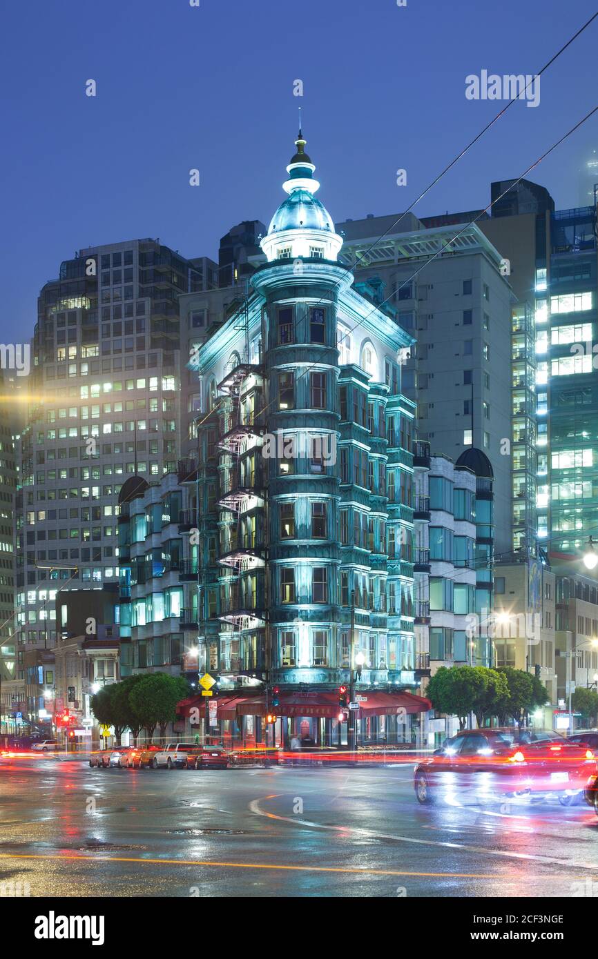 San Francisco, California, United States - The famous Sentinel building  at Columbus Avenue at night. Stock Photo