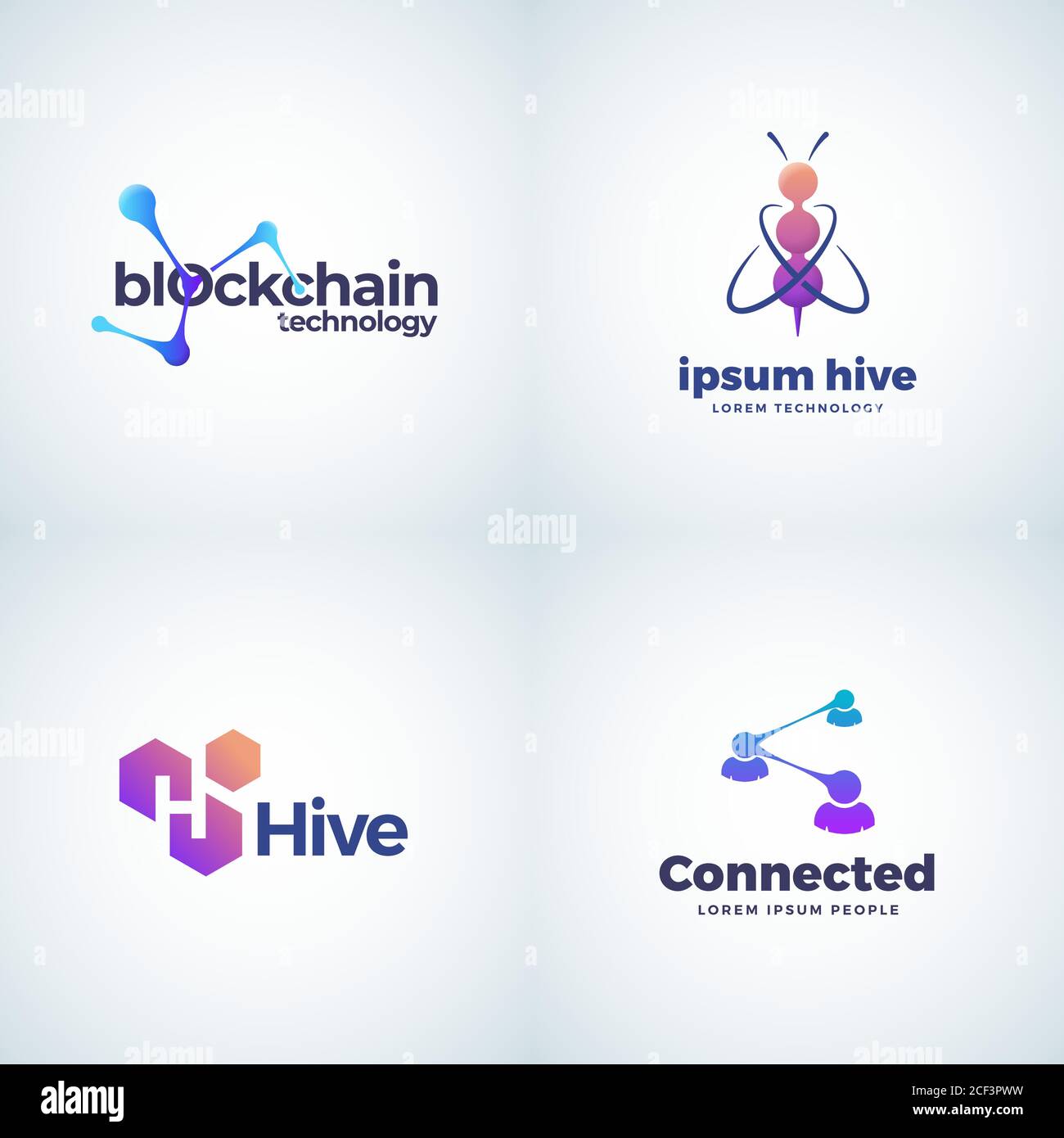 Blockchain Technology Absrtract Vector Signs, Symbols or Logo Templates Collection. Bee Hive Connection and Coworking Gradient Icons with Modern Stock Vector