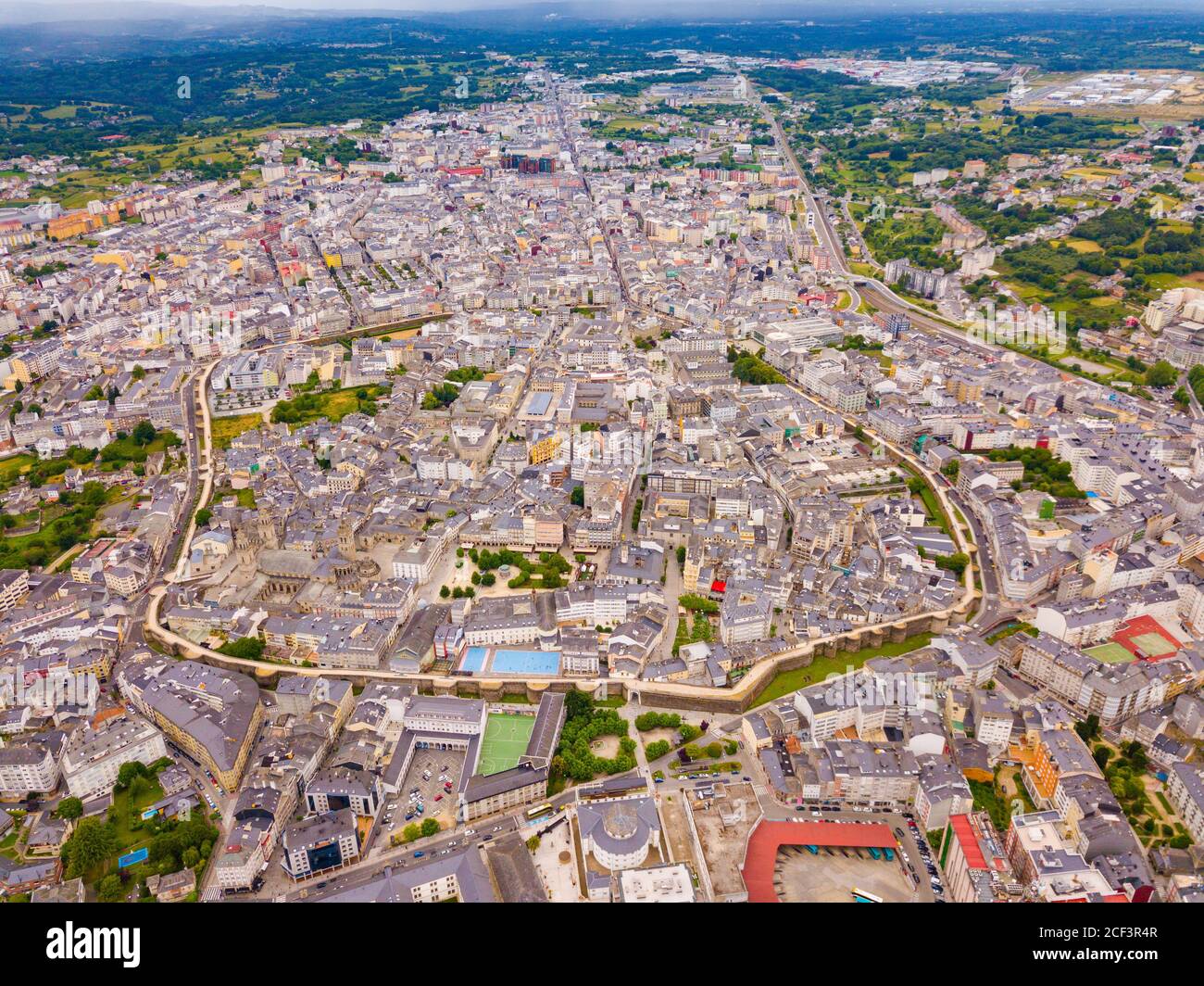 Aerial view of Lugo district with buildings and landscape, Galicia