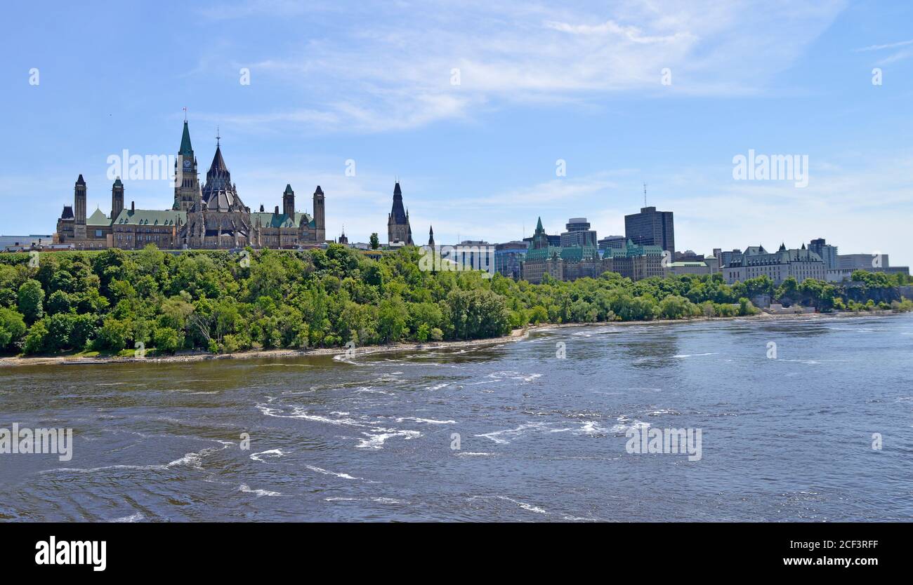 Parliament Hill, Government of Canada and downtown Ottawa - view from the Ottawa River. Stock Photo