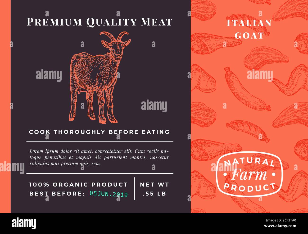 Premium Quality Meat Abstract Vector Packaging Design or Label. Modern Typography and Hand Drawn Goat Sketch Background Layout. Seamless Food Pattern Stock Vector