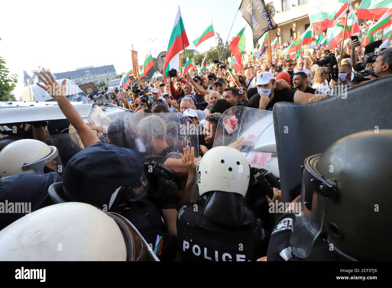 Sofia, Bulgaria on September 2, 2020: People protest against government in front of Parliament building (National Assembly), where are blocked by the Stock Photo