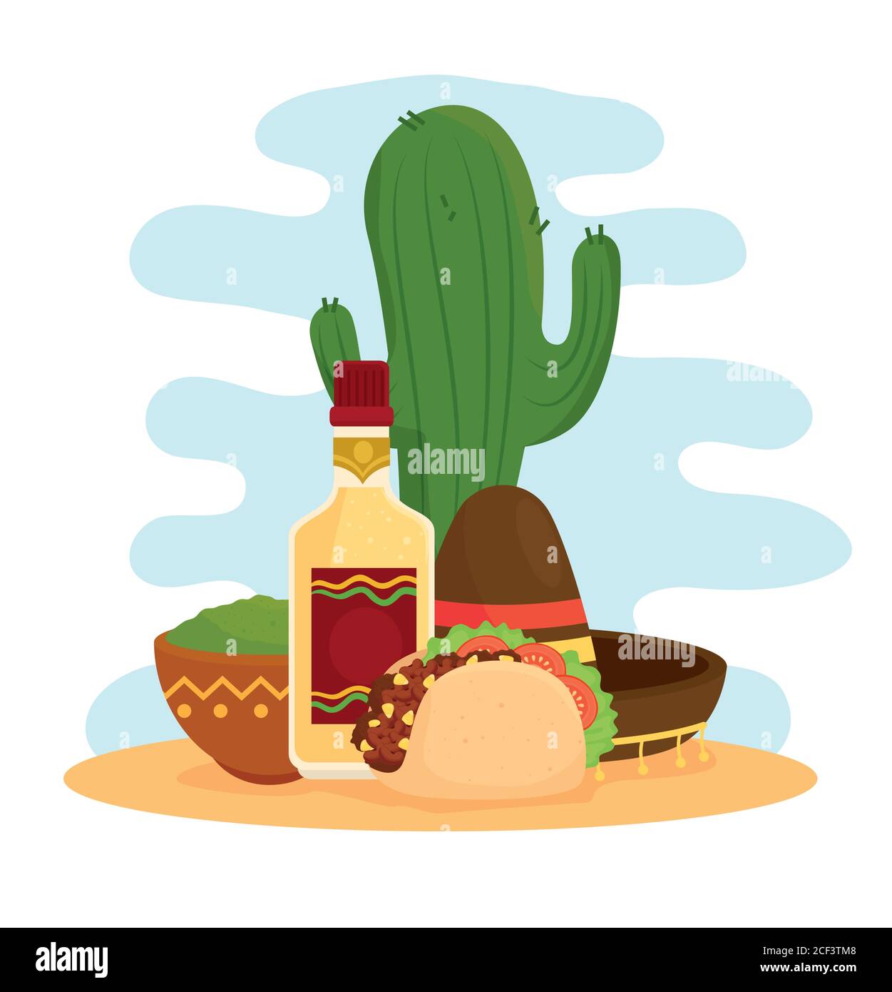 mexican food poster with taco, guacamole, bottle tequila, hat and